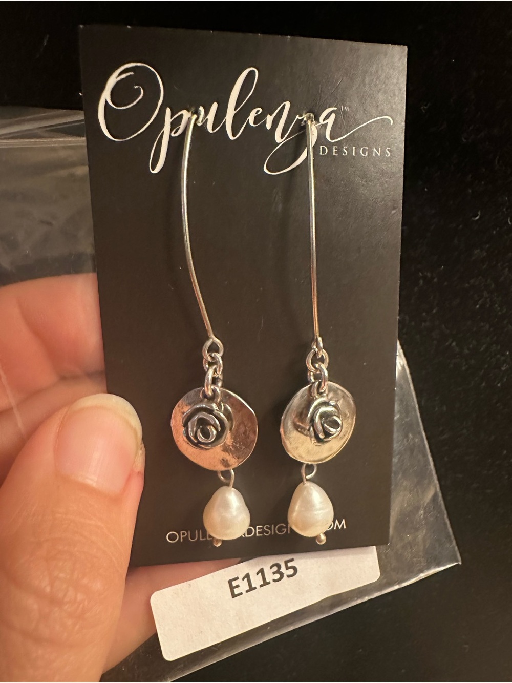 Opulence Designs Silver Rose Drop Earrings with Pearl